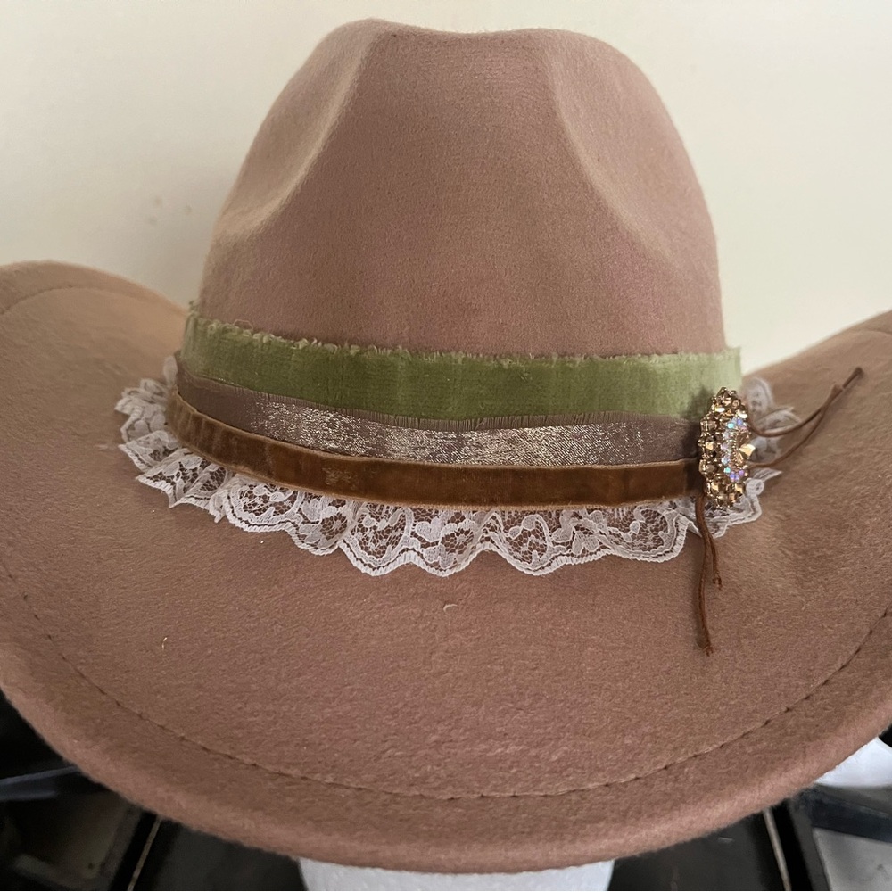 Elegant Tan Hat with Green and Brown Accents